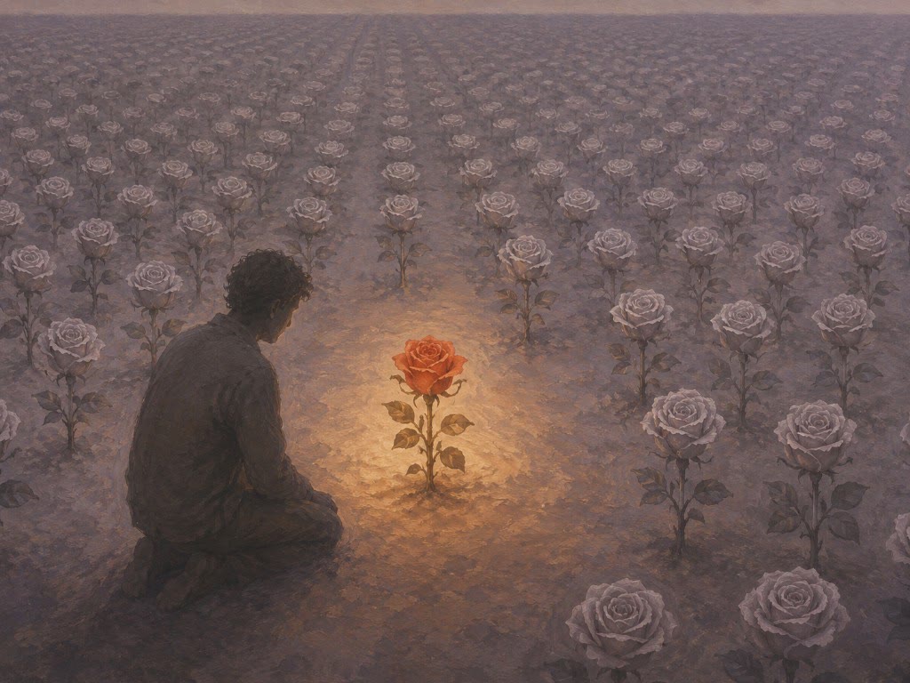 Ilustración: un hombre arrodillado contempla una rosa rojo-naranja que irradia luz dorada, mientras un campo infinito de rosas idénticas en gris se extiende hasta el horizonte