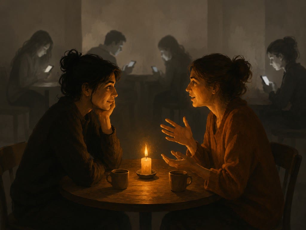 Ilustración: dos personas sentadas frente a frente a la luz cálida de una vela; una escucha con atención serena mientras la otra se ilumina con un resplandor dorado, y al fondo, en penumbra gris, siluetas absortas en sus pantallas