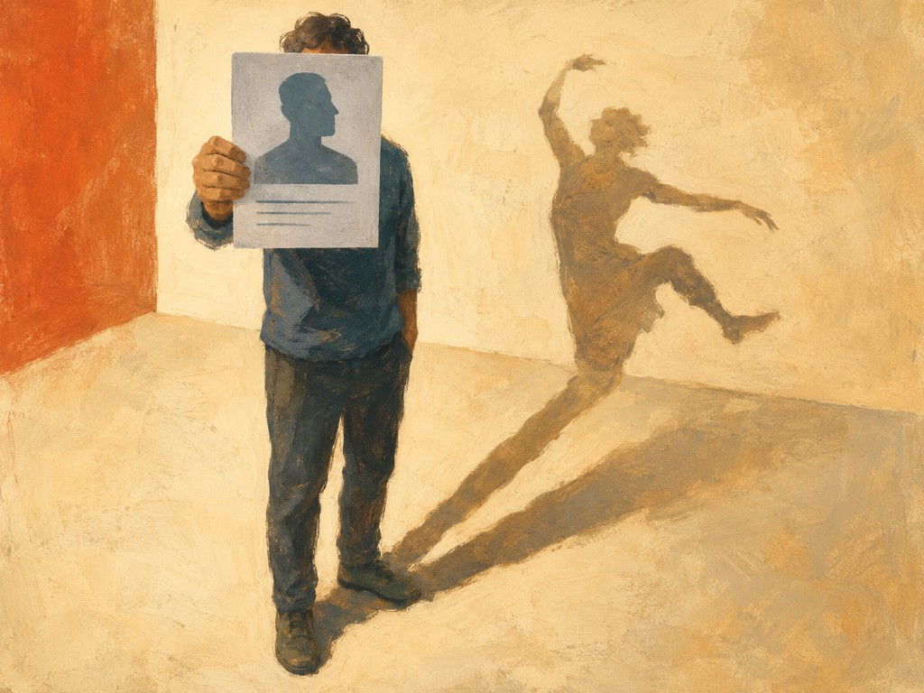 Ilustración: una persona sostiene una tarjeta con su «perfil» impreso mientras su sombra, en movimiento, hace algo distinto de lo que la etiqueta describe