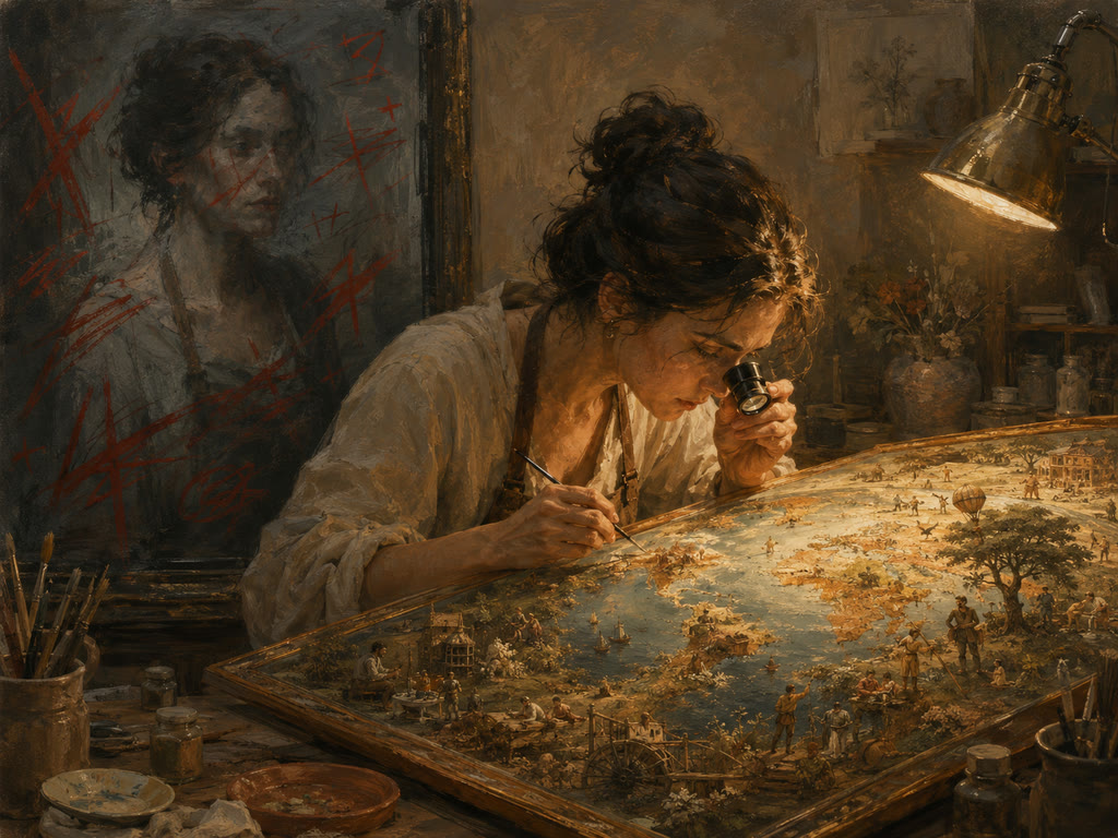 Ilustración: una persona examina con lupa, a la luz cálida de un taller, un cuadro luminoso del mundo, mientras a su espalda su propio retrato aparece cubierto de duras marcas rojas de corrección
