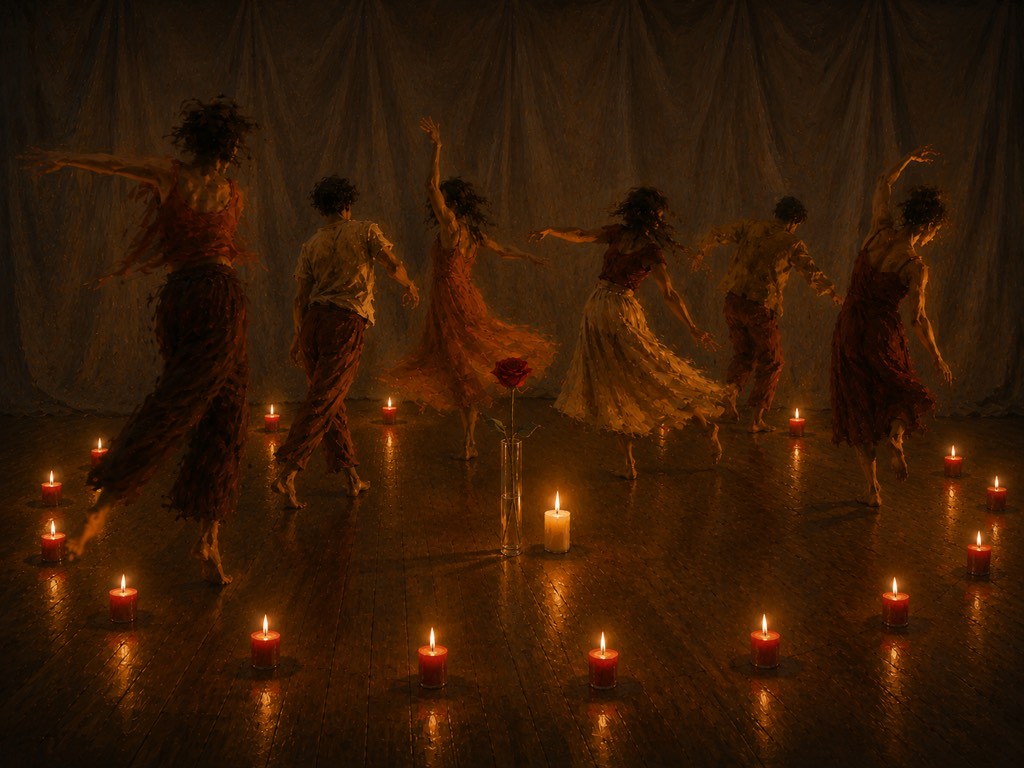 Ilustración pictórica al óleo: un estudio de danza casi a oscuras, con la pared del fondo cubierta por una gran tela que cae en pliegues; seis figuras descalzas bailan desdibujadas por el movimiento, vestidas en tonos ámbar, terracota y crema, y toda la luz procede de decenas de velas rojas repartidas por el suelo de madera encerado, que devuelve sus reflejos; en el centro, una rosa roja en un vaso alto de cristal junto a una vela encendida