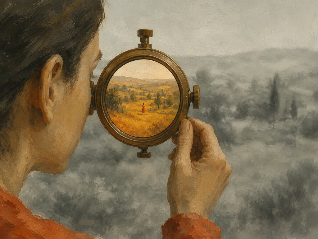 Ilustración: una figura diminuta con un farol se adentra en un gran ojo dibujado como mapa topográfico; todo el iris está cartografiado salvo una zona en blanco, justo donde la figura acerca su luz