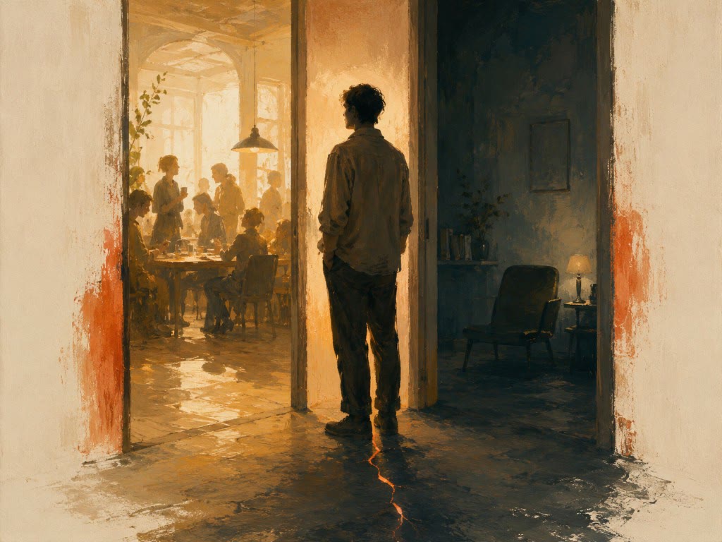 Ilustración: un hombre de espaldas en el umbral entre una habitación oscura y solitaria y otra luminosa donde hay gente reunida