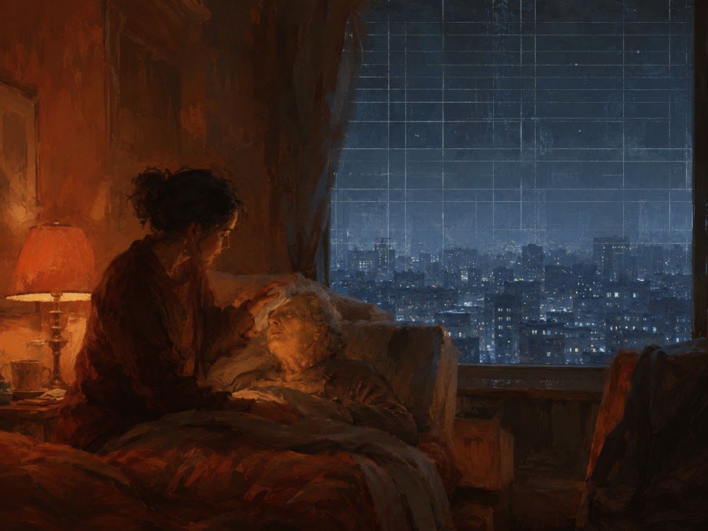 Ilustración: una mujer atiende a un anciano en la cama a la luz cálida de una lamparita, con la ciudad nocturna visible a través de la ventana