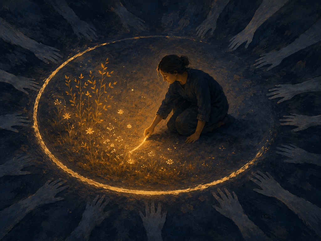 Ilustración: una persona traza con tiza una línea de luz cálida a su alrededor sobre un suelo oscuro, mientras desde fuera se alargan sombras de manos que piden y dentro de la línea crecen plantas doradas