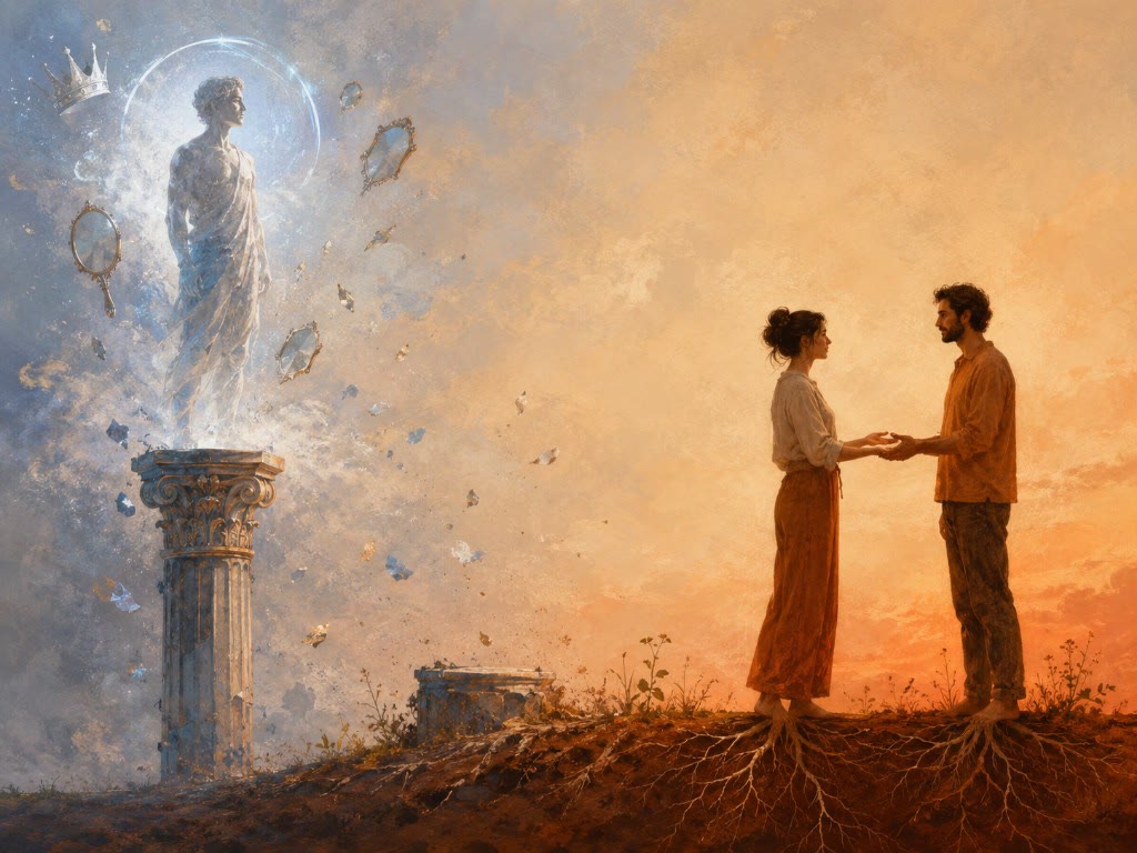Ilustración: una estatua aislada sobre una columna contrasta con una pareja enraizada en la tierra que se mira a los ojos