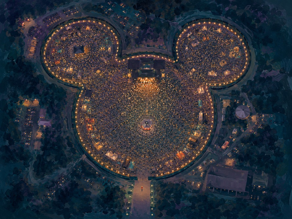 Ilustración aérea de un festival nocturno organizado con la silueta de una cabeza de ratón, como parque temático convertido en multitud