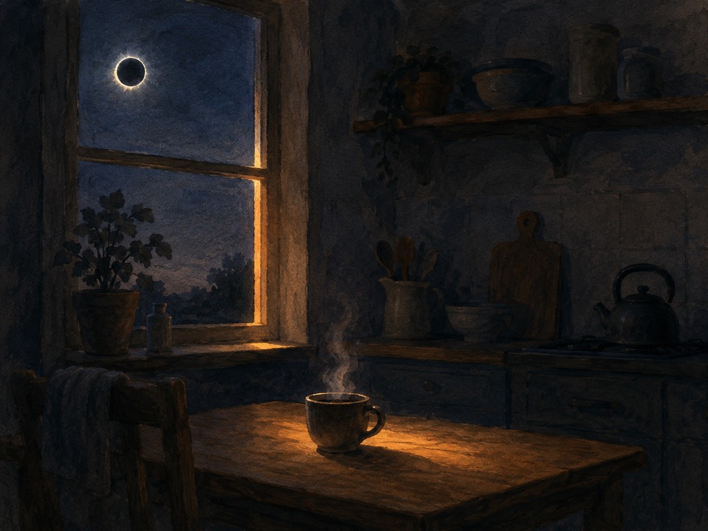 Ilustración: una cocina en penumbra durante un eclipse, con una taza humeante sobre la mesa y una franja fina de luz cálida entrando por el borde de la ventana