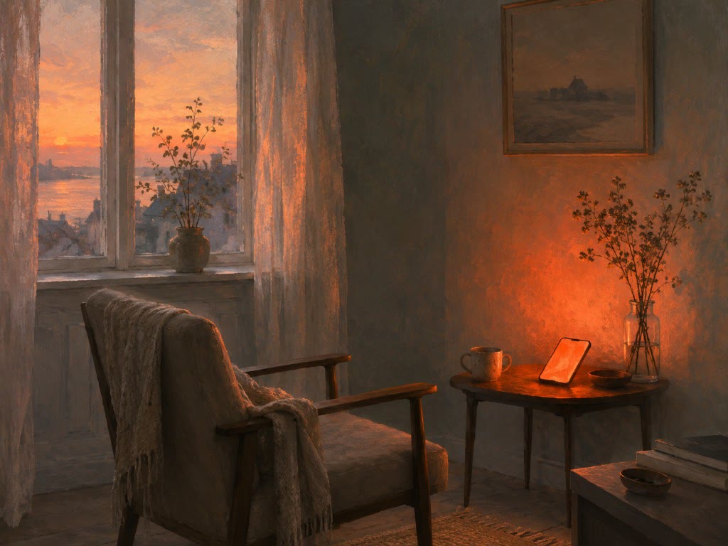 Ilustración: un sillón vacío ante un ventanal al atardecer, con un móvil encendido en una mesita que irradia luz cálida sobre la pared