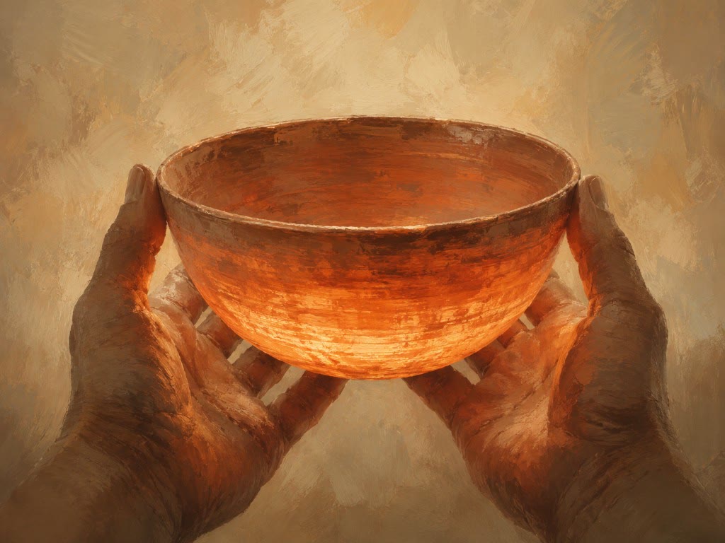 Ilustración: dos manos sostienen con cuidado un cuenco de barro que irradia luz cálida dorada
