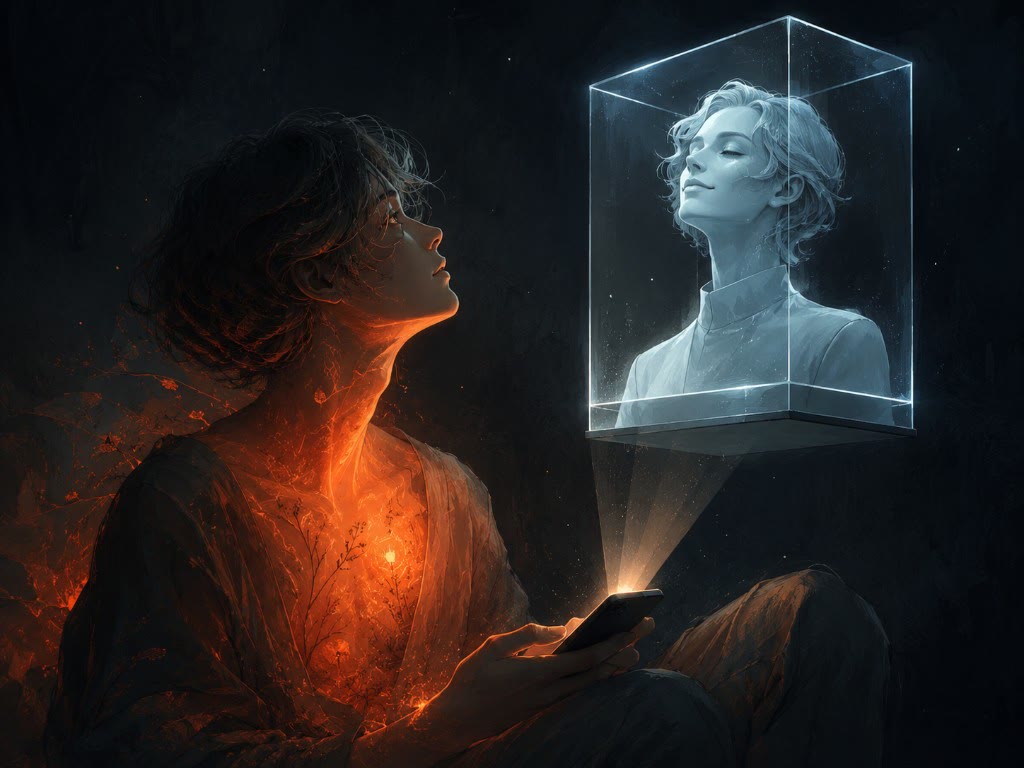 Ilustración: una persona mira su móvil mientras un haz proyecta el busto sereno de otro encerrado en un cubo de cristal, frente a su interior iluminado en tonos cálidos