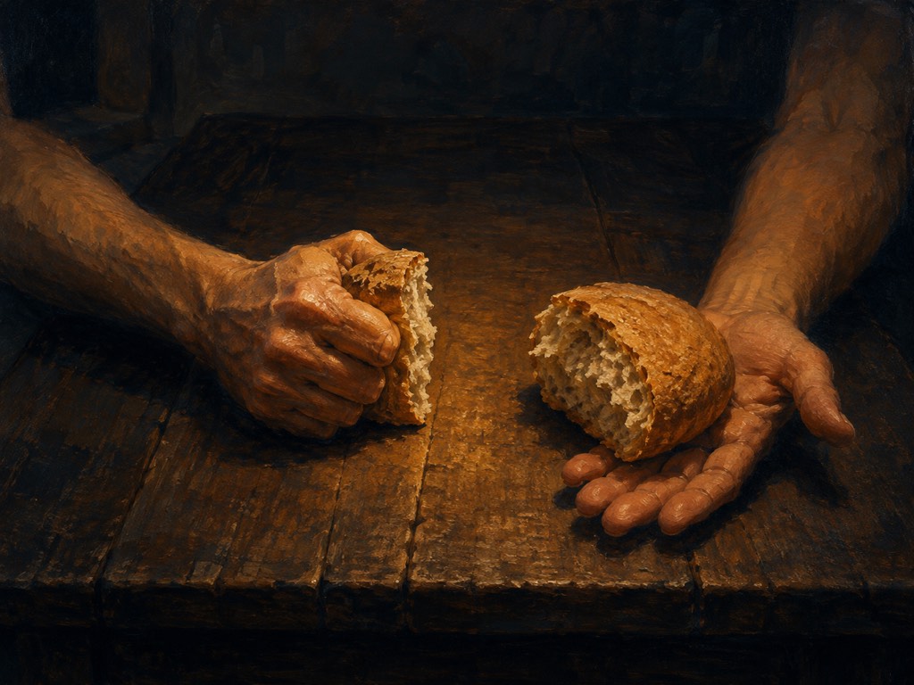 Ilustración: sobre una mesa de madera oscura, un pan redondo partido en dos mitades bajo la misma luz cálida; a la izquierda una mano cerrada aprieta su mitad contra la mesa, y a la derecha una mano abierta, con la palma hacia arriba, sostiene la otra mitad suelta