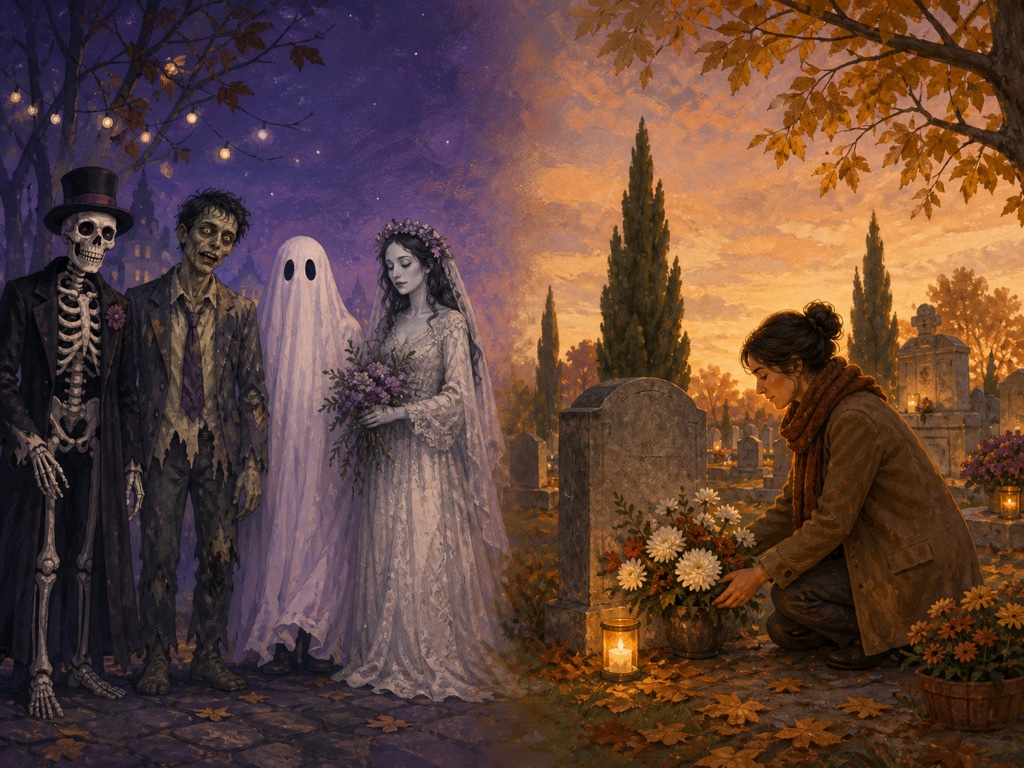 Ilustración: cuatro figuras arquetípicas de Halloween —esqueleto, zombi, fantasma y novia cadáver— contrastan con una mujer que lleva flores a una tumba al atardecer
