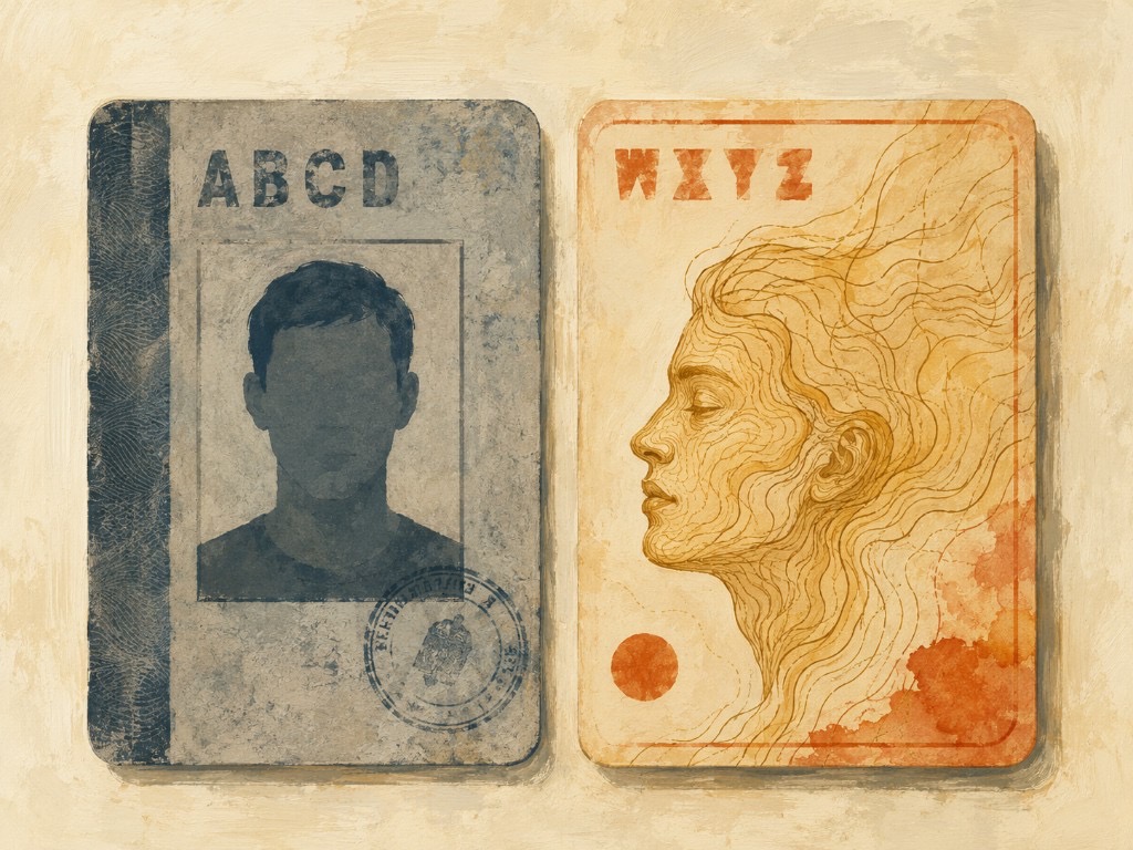 Ilustración: a la izquierda, tarjeta burocrática con ABCD y silueta plana en una casilla; a la derecha, tarjeta cálida con WXYZ y un rostro trazado con líneas topográficas