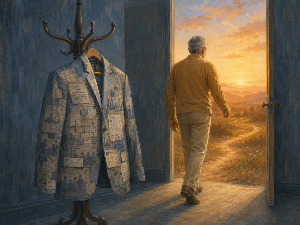 Ilustración: una persona mayor camina hacia un paisaje cálido al amanecer; detrás, en un perchero, cuelga una chaqueta cubierta de organigramas y gráficos