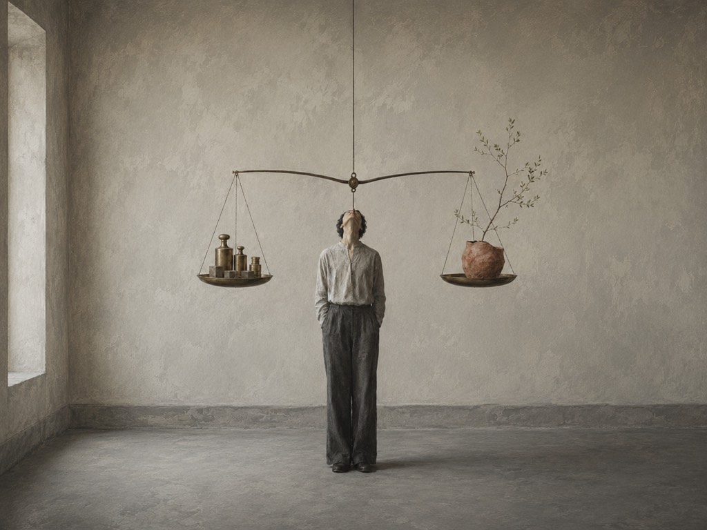 Ilustración conceptual de una persona que actúa como fulcro de una balanza; un plato sostiene pesas, monedas y bloques geométricos, y el otro una vasija de terracota con una rama viva