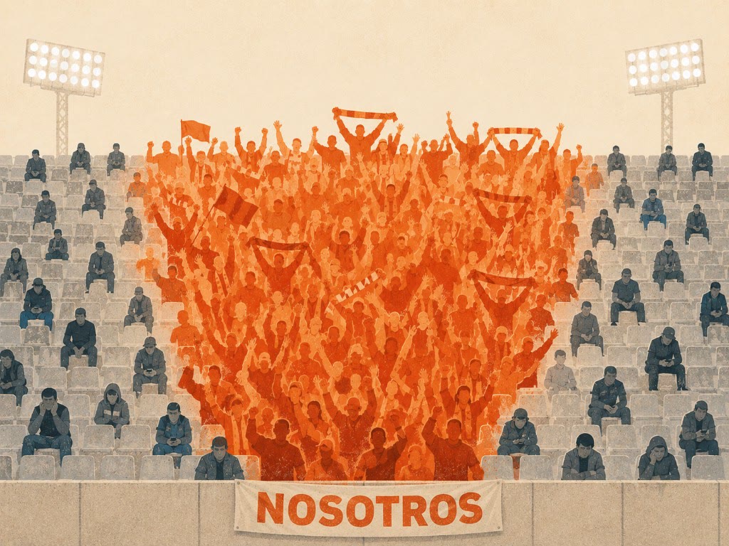 Ilustración: una grada de estadio donde la afición forma un corazón rojo con el cartel NOSOTROS, rodeada de espectadores aislados en gris