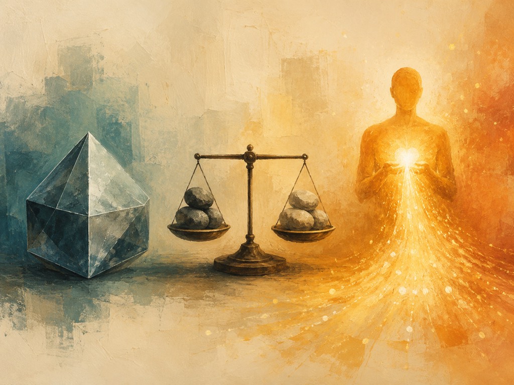 Ilustración: de izquierda a derecha, un sólido cristalino, una balanza con piedras en sus dos platos y una figura humana luminosa de la que brota luz dorada — las tres formas de valorar: sistémica, extrínseca e intrínseca