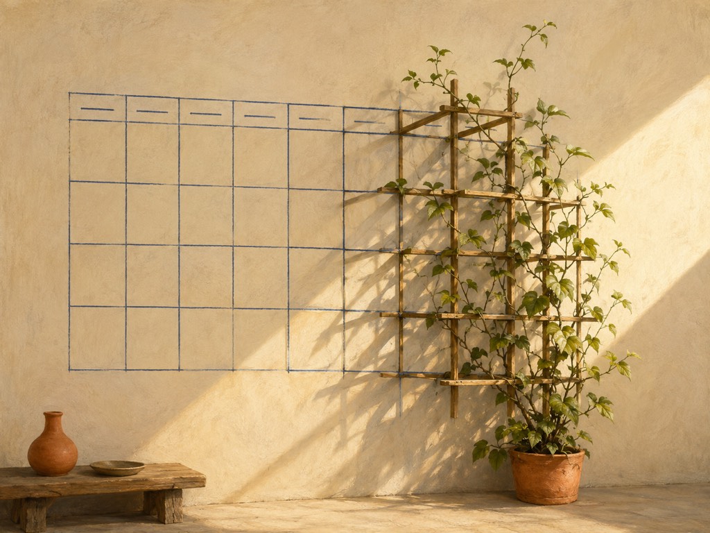 Ilustración: en un muro encalado bañado por luz oblicua, una cuadrícula de calendario trazada a lápiz azul se transforma en un enrejado de madera por el que trepa una planta en maceta de terracota; abajo a la izquierda, un banco bajo de madera con una vasija y un cuenco de barro