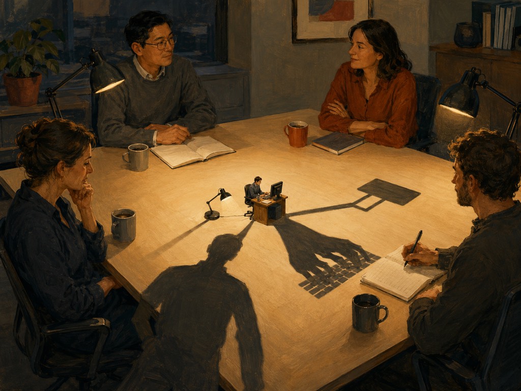 Ilustración: en una sala de reuniones en penumbra, cuatro compañeros sentados alrededor de una gran mesa de madera clara observan en silencio la maqueta de una persona trabajando en su escritorio con un ordenador, colocada en el centro; de la maqueta nacen tres sombras que se abren sobre la mesa — la silueta entera de un ser humano, mucho mayor que el modelo, que se sale del borde de la mesa; unas manos ampliadas sobre un teclado; y un rectángulo liso unido por una línea, como una casilla de organigrama