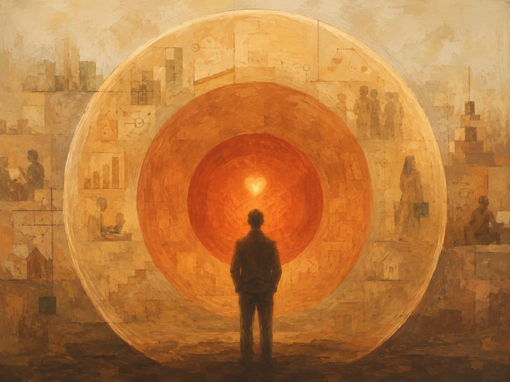 Ilustración: silueta de espaldas ante tres esferas concéntricas; corazón en el centro, anillo interior cálido y símbolos de la vida social en la capa exterior