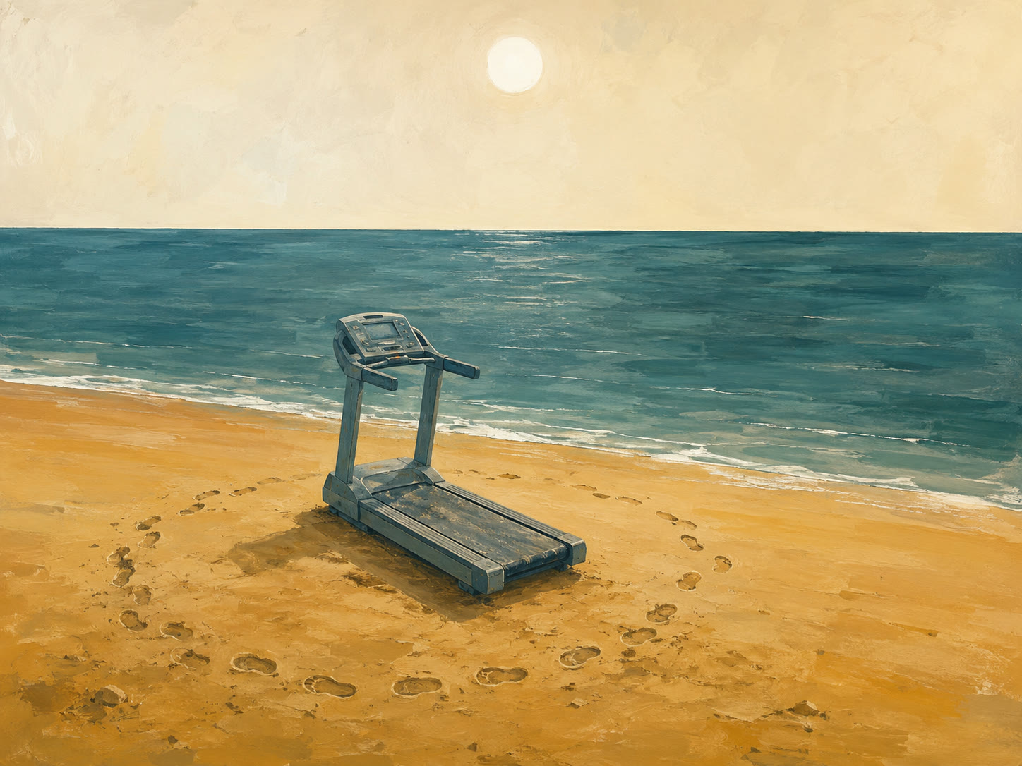 Ilustración: una cinta de correr solitaria sobre la arena frente al mar, bajo el sol
