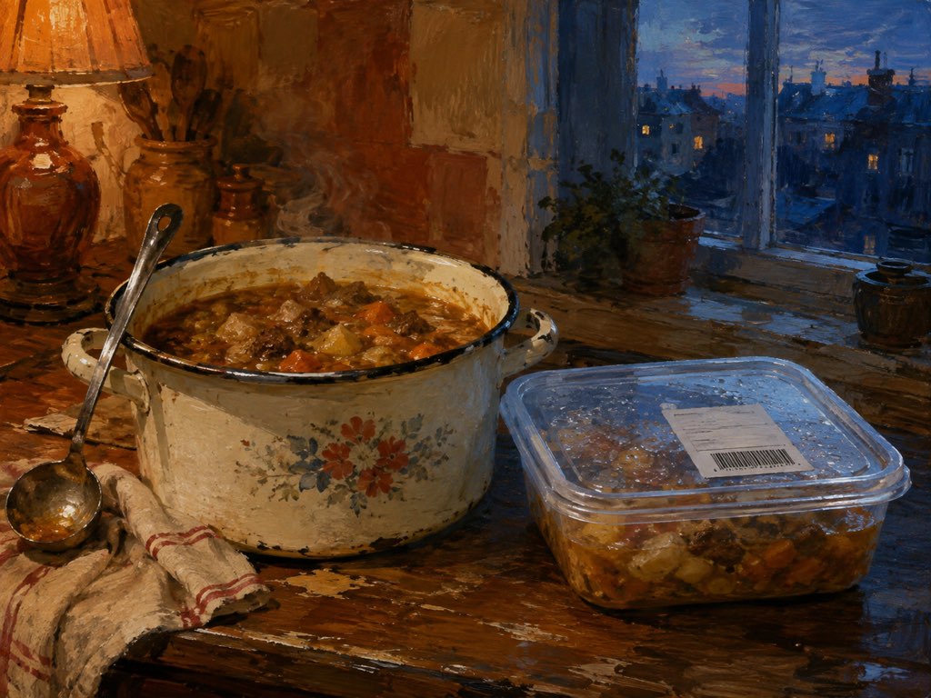 Ilustración: una cocina al anochecer con un guiso casero humeante en una olla de familia sobre la encimera y, justo al lado, la misma ración servida en un envase de reparto precintado con su etiqueta de papel